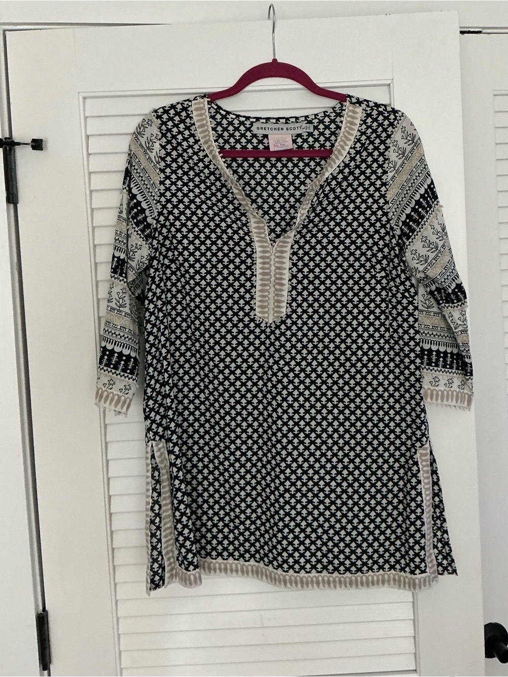 Gretchen Scott Designs Black & Cream Printed V-Neck Tunic resort Lagenlook Large